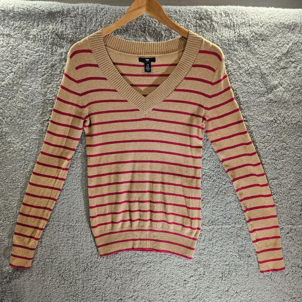 Gap Women's V-Neck Striped Beige & Pink Long Sleeve Sweater XS Soft and Comfy